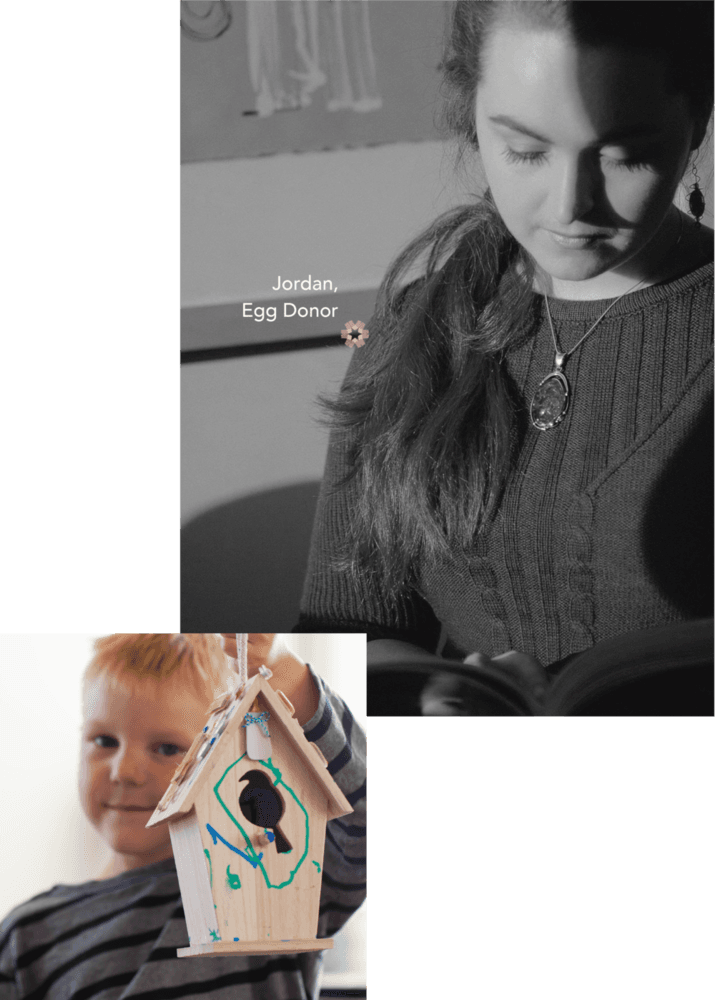 Egg donor Jordan next to a boy holding up a birdhouse