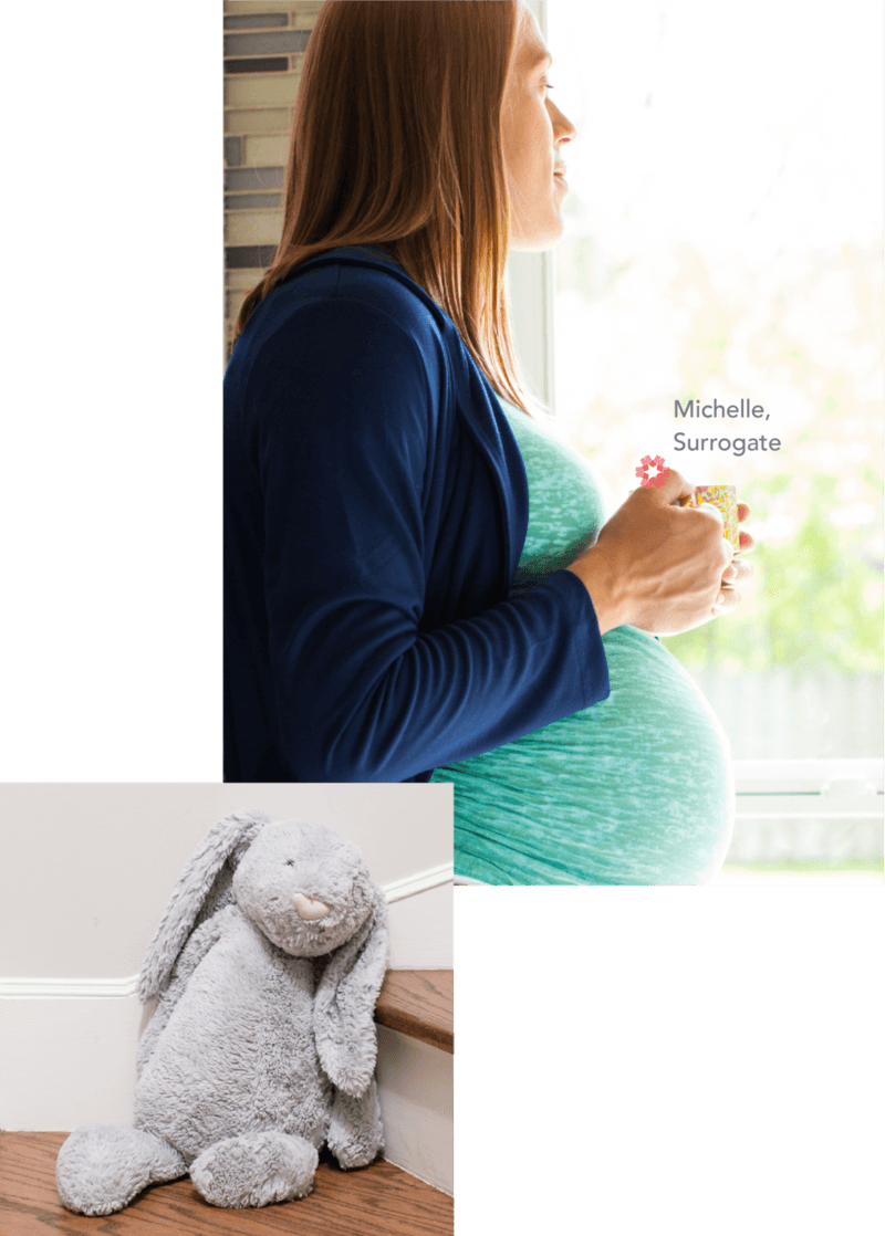 ConceiveAbilities Surrogate Michellen next to stuffed toy rabbit