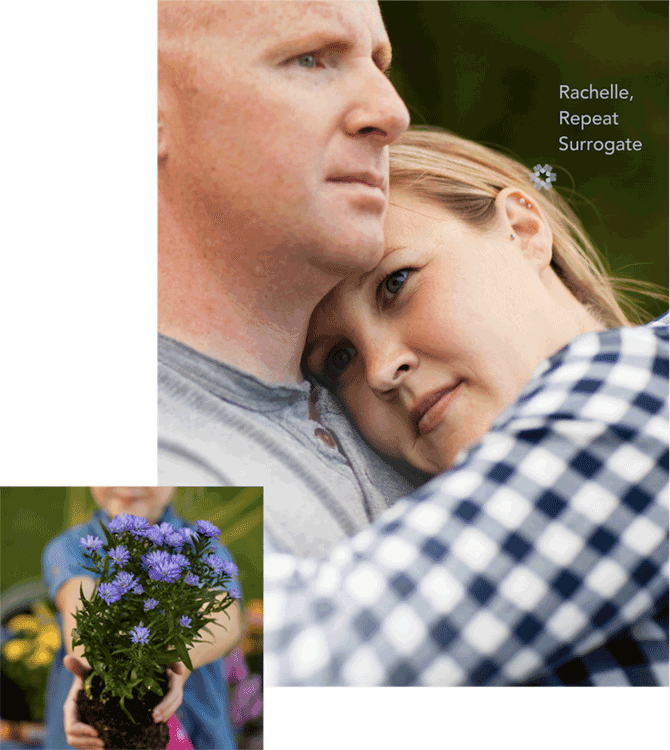 Two pictures: one of repeat surrogate Rachelle and the other one is a little girl holding flowers