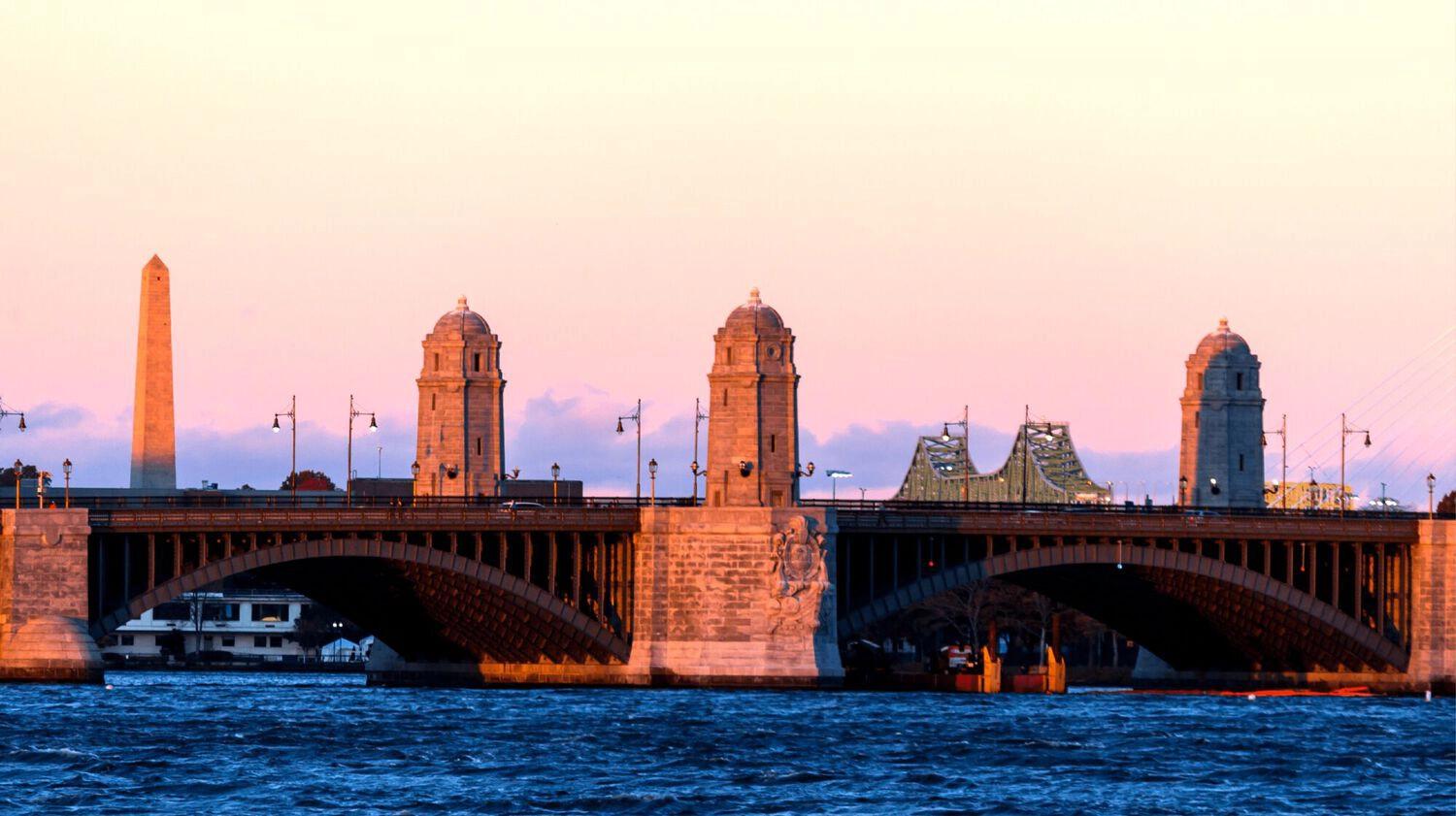 Boston bridge lit by a sunset
